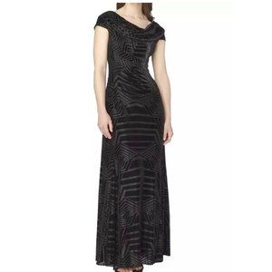 TAHARI Black Burnout Velvet Long Formal Dress Gown Cowl Neck Cap Sleeve